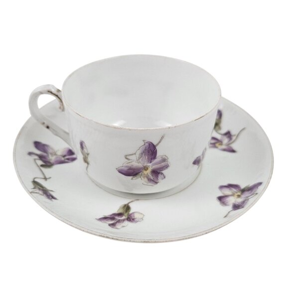 Antique Haviland Limoges France CFH GDM Porcelain Cup Saucer Purple Flowers - Picture 1 of 11